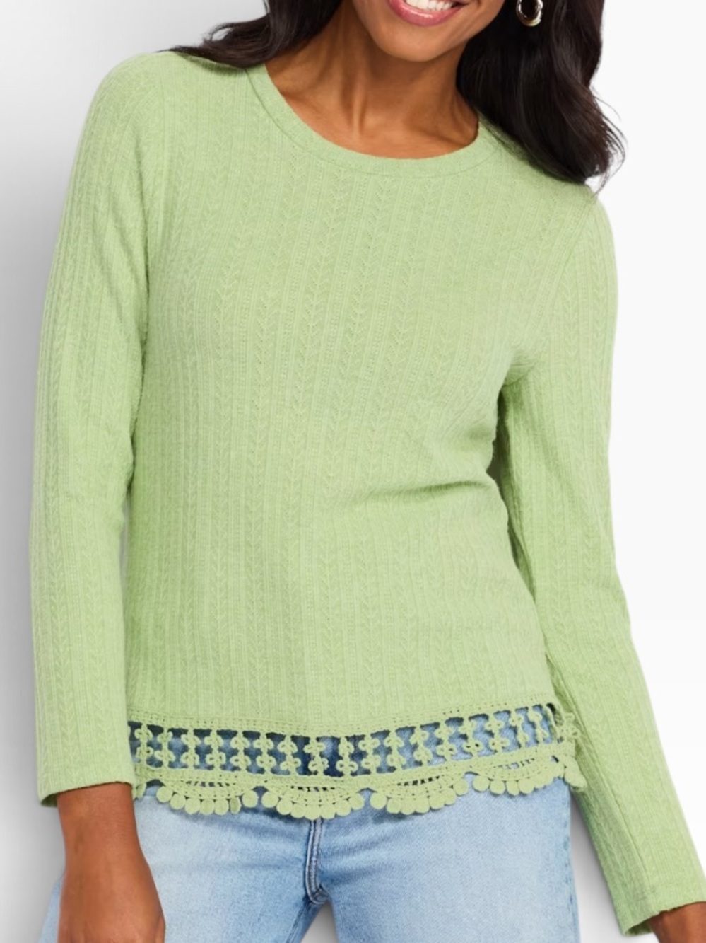 Design History "Sallie" Light Green Mixed Media Pointelle Knit Long Sleeve Top M